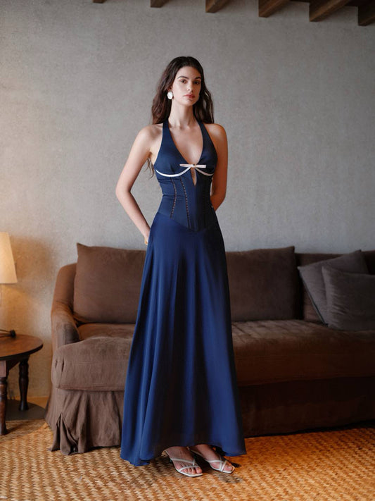 SheerLuck Blue& White Tasman V-neck Maxi Dress