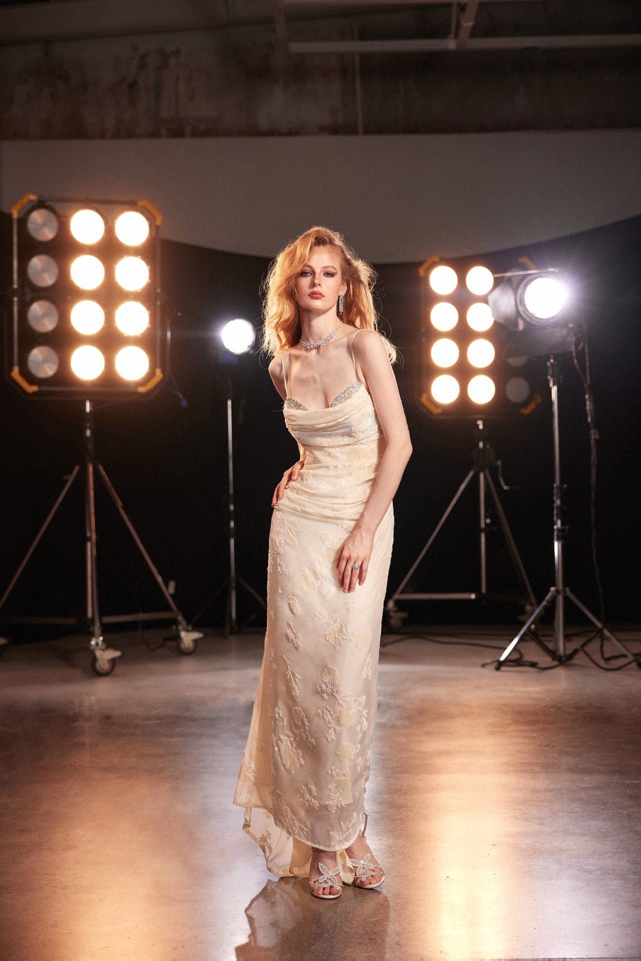 SHEERLUCK Flocked Nude Pomegranate Maxi Dress