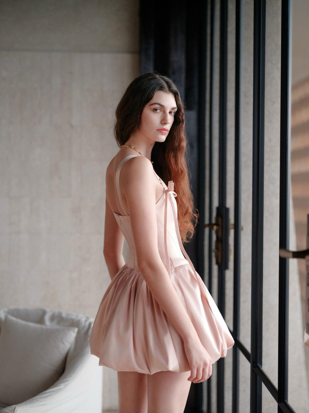SHEERLUCK Pink& White Amari Fishbone Mini Dress