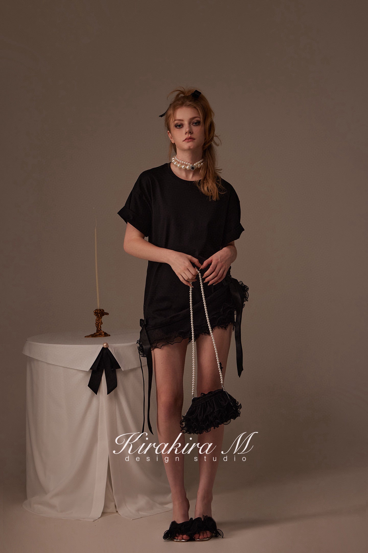 Kirakira M White & Black Bow Top& Lace Shorts& Lace Low Rise Pants