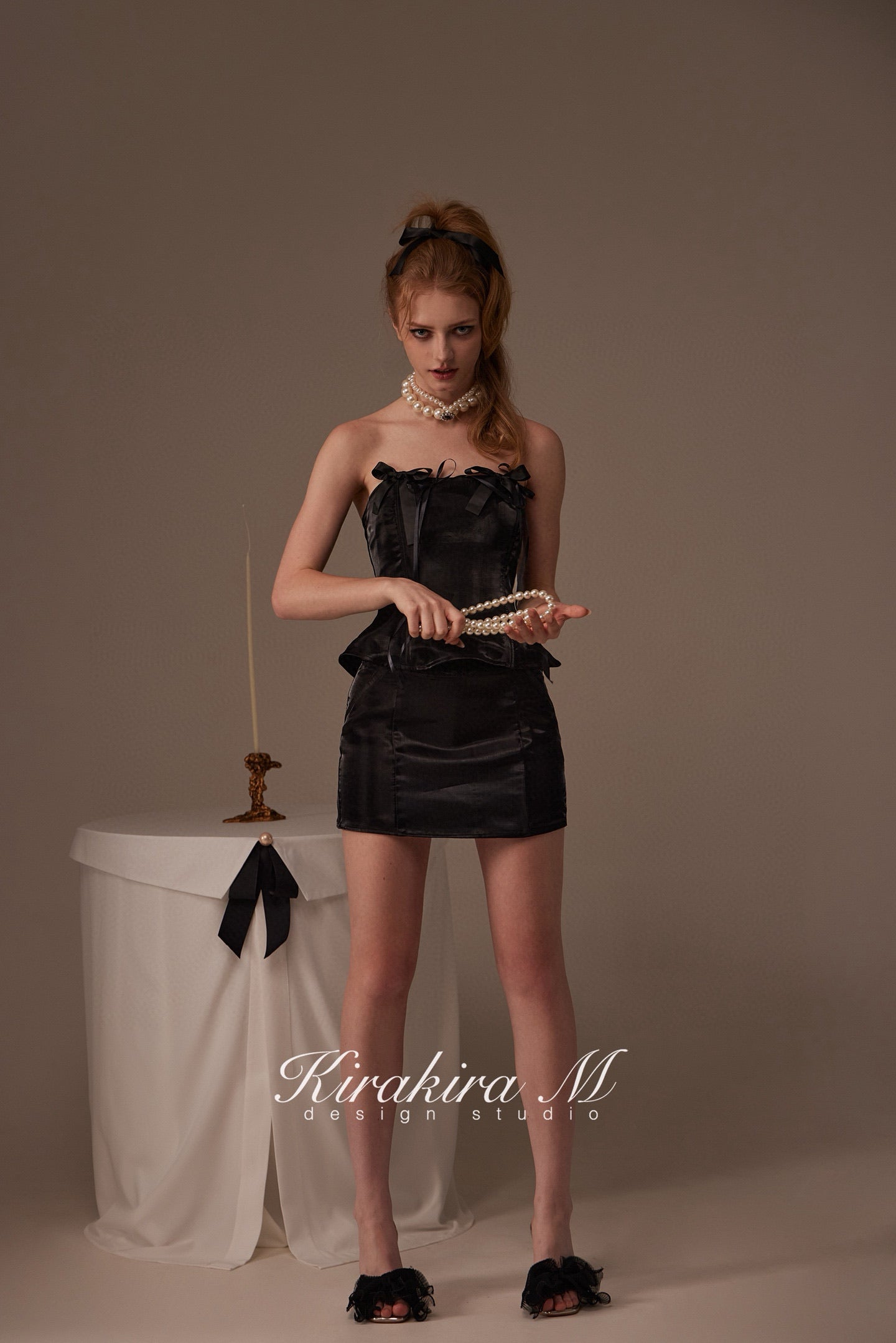 Kirakira M Black Glossy Bow Top & Low Waisted Wrap Hip Half Skirt
