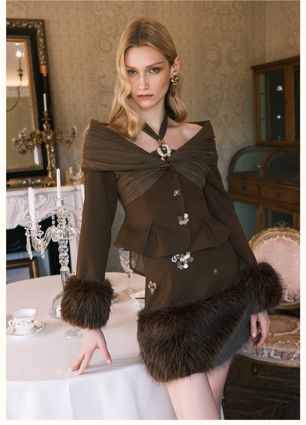 SHEERLUCK Green Vixen Eco-Friendly Fur Neckline Mini Dress & Jacket