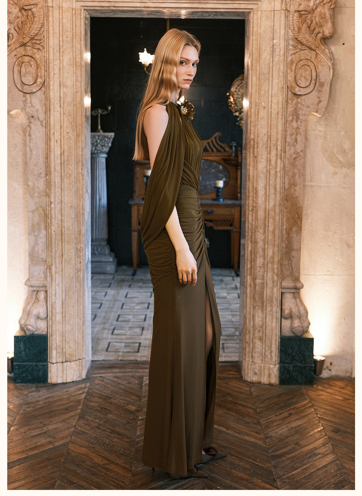 SHEERLUCK Green Deva Halter Neck Shawl Maxi Dress