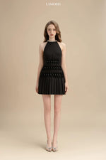 Black Halter Rhinestone Collar Diamond Pleat Beaded Pleated Mini Dress