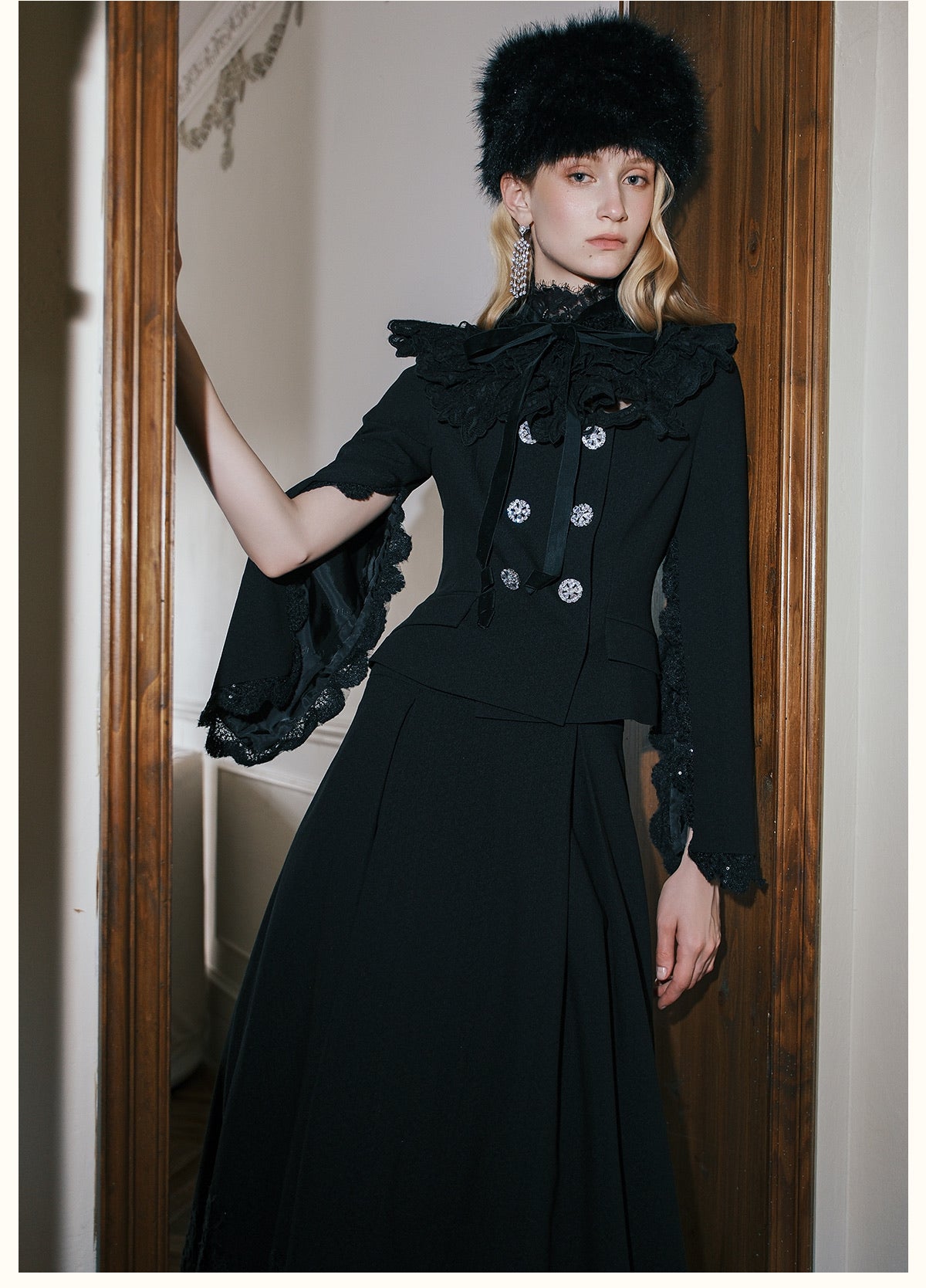 SHEERLUCK Black Mirage Vintage Stand Collar Lace & Diamond-embellished Jacket & Skirt