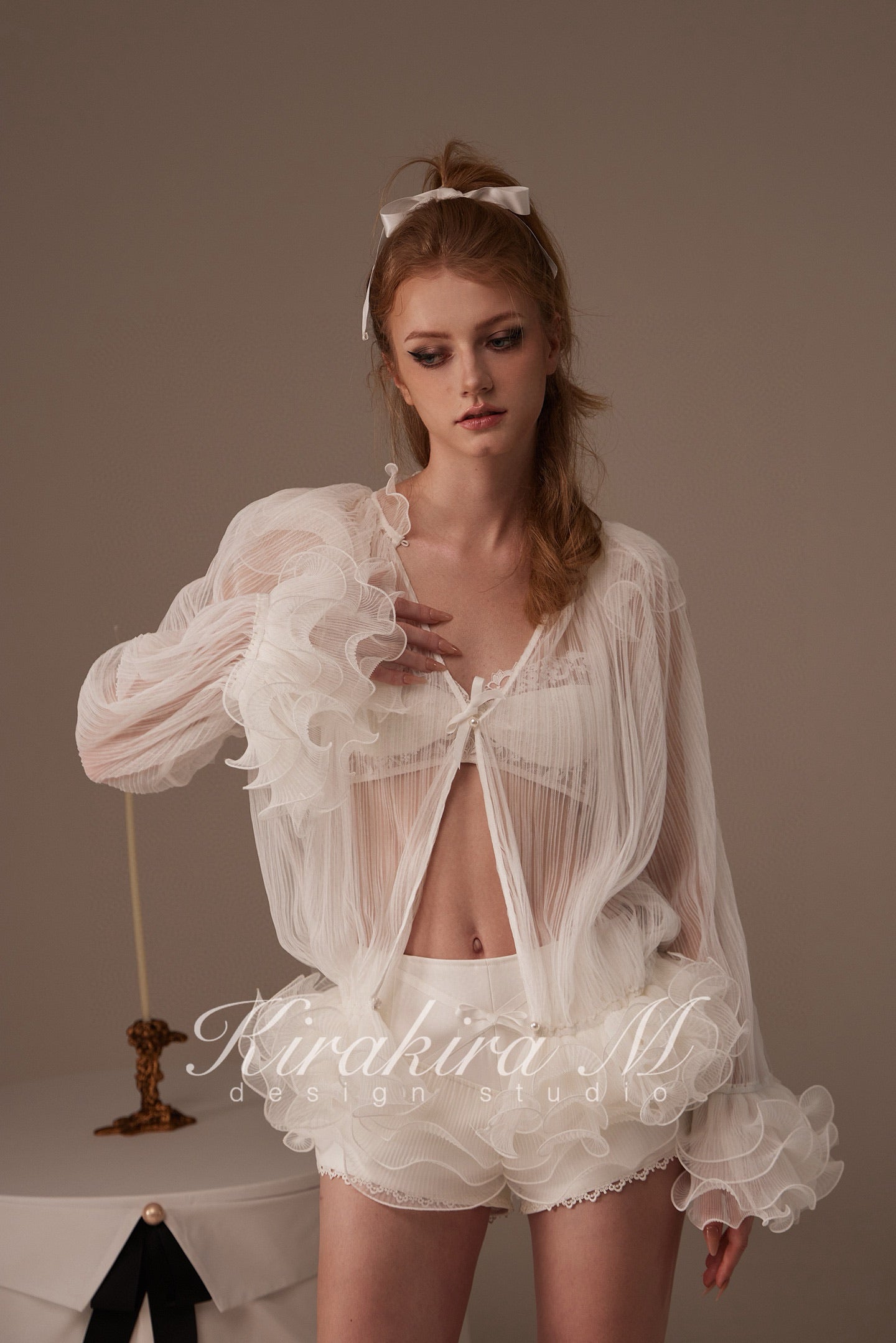 Kirakira M White Lace Blouse & Lace Low Rise Pants