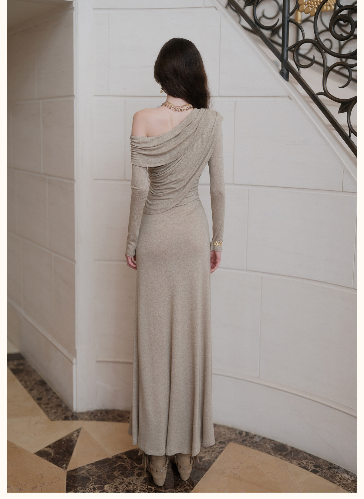 Brown Off-Shoulder Cross-Drape Long-Sleeve Knit Gown Midi Dress