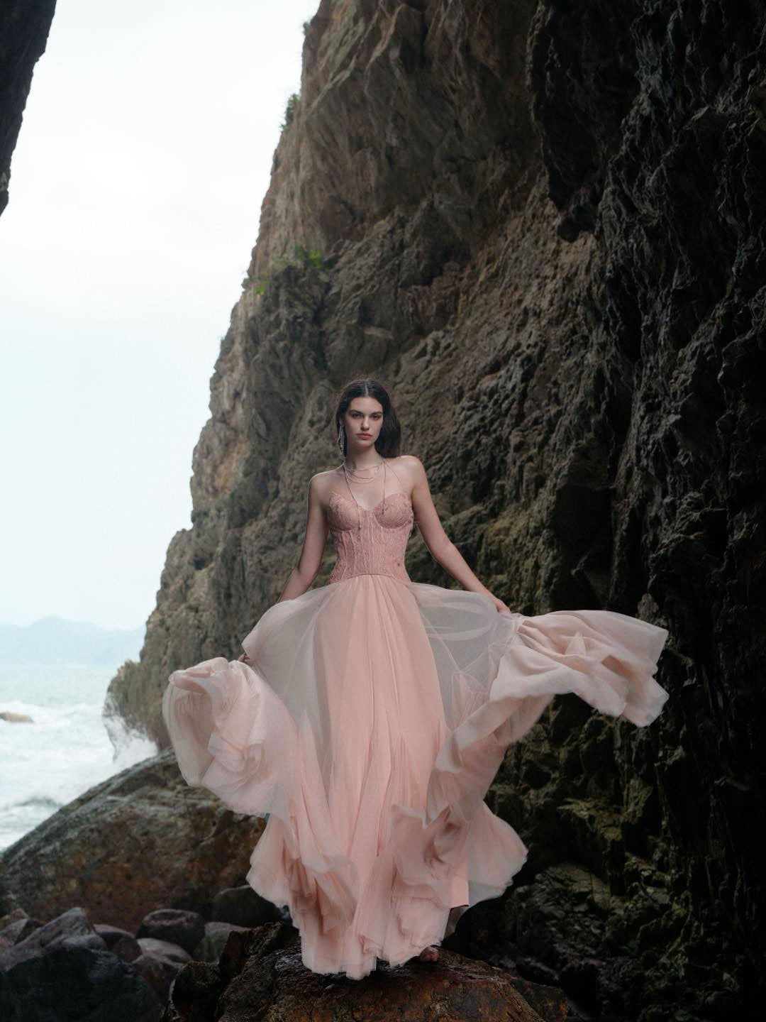 SHEERLUCK White& Pink Wave Lace Fishbone Maxi Dress