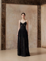 Black Spaghetti Strap V-Neck Flower Lace Sheer Sparkle Maxi Dress