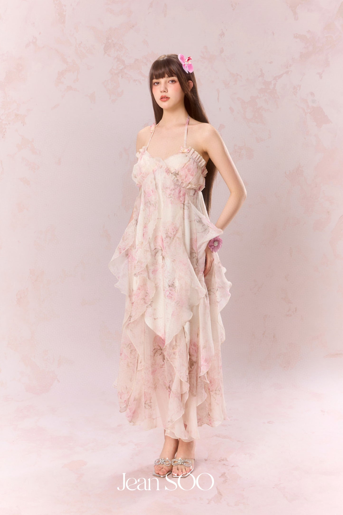 JEAN SOO Pink Patchwork Hemline Neckline Maxi Dress