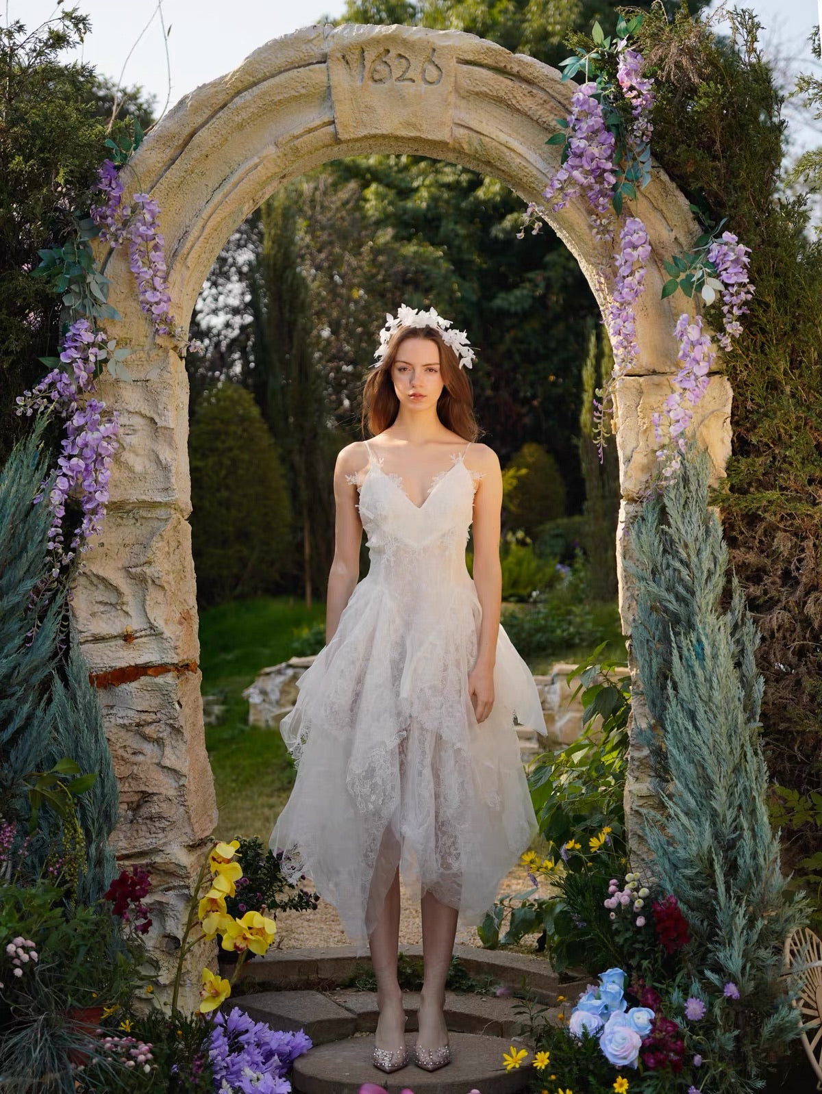 White V Lace Tulle Midi Dress