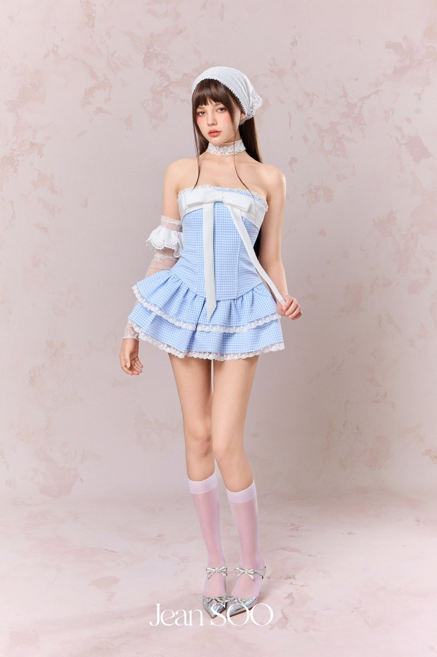 JEAN SOO Blue Plaid Fishbone Top & Lace Cake Mini Skirt