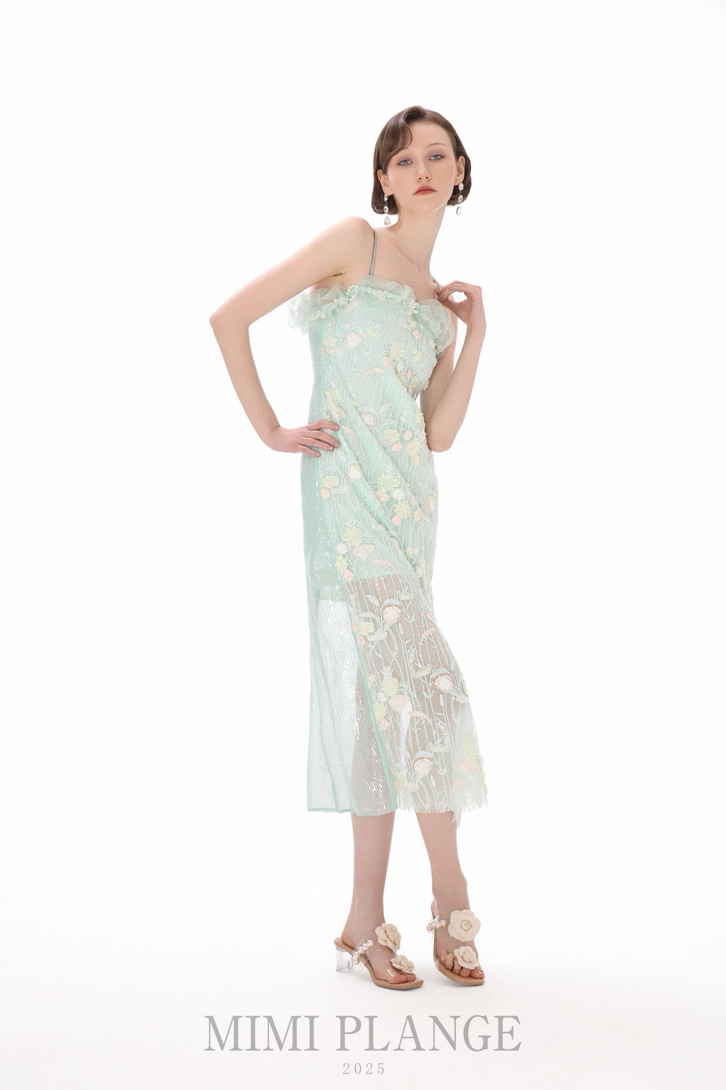 MIMI PLANGE Mint Floral Midi Dress