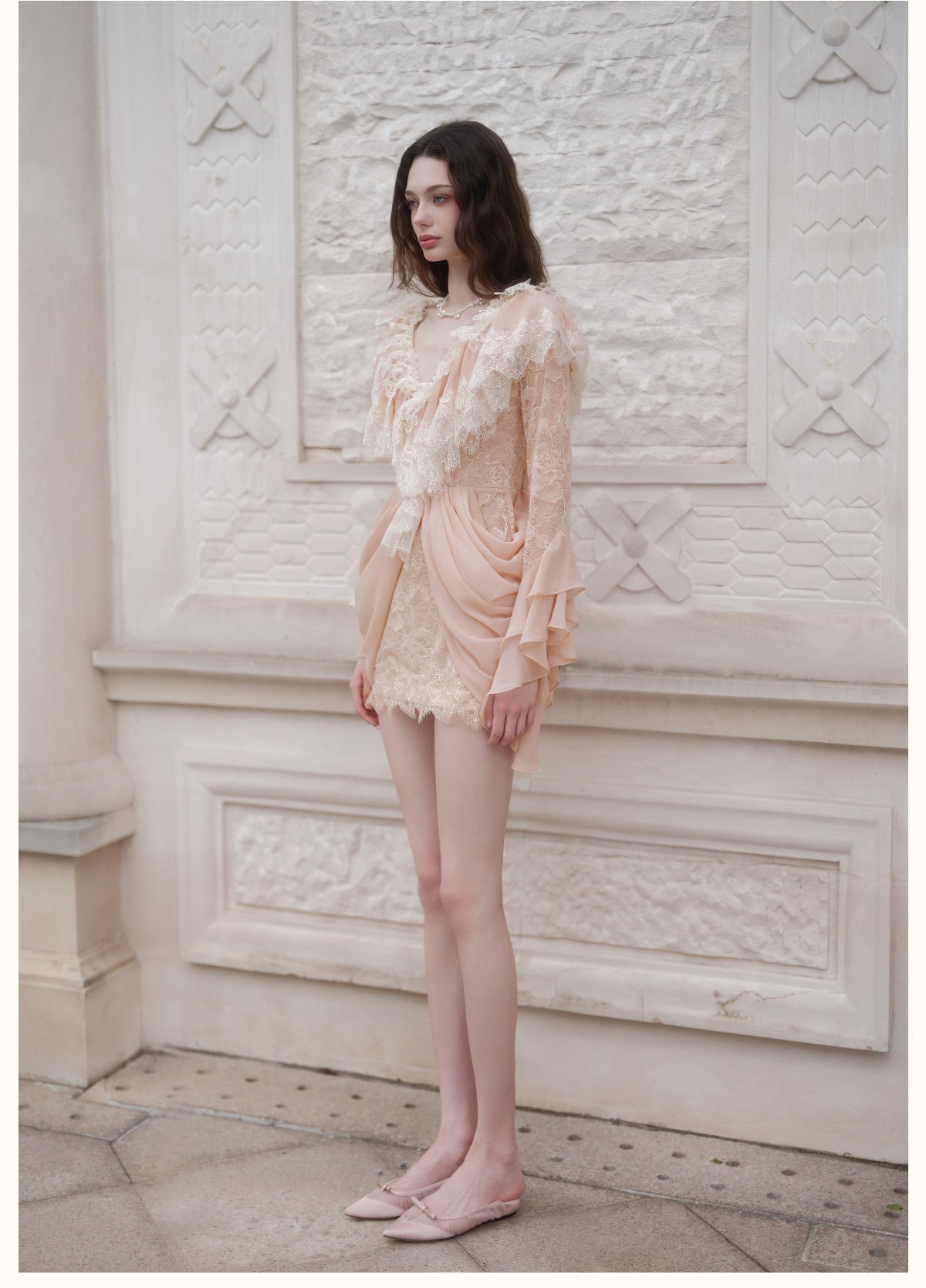 Nude V-Neck Lace Ruffle Long-Sleeve Mini Dress