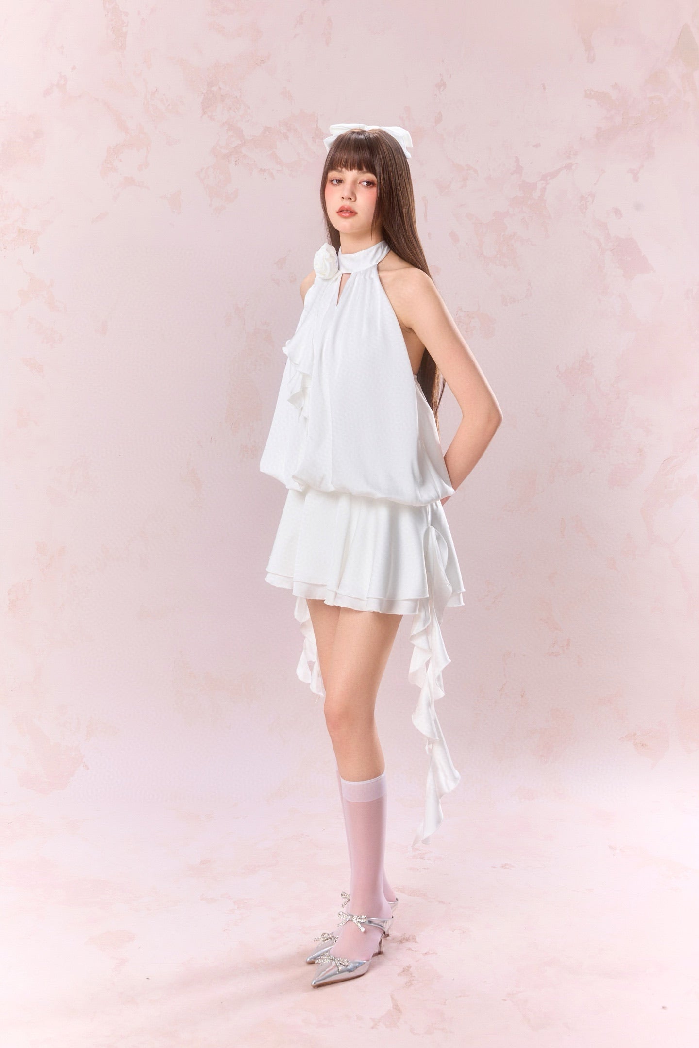 JEAN SOO White Rose Backless Satin Mini Dress