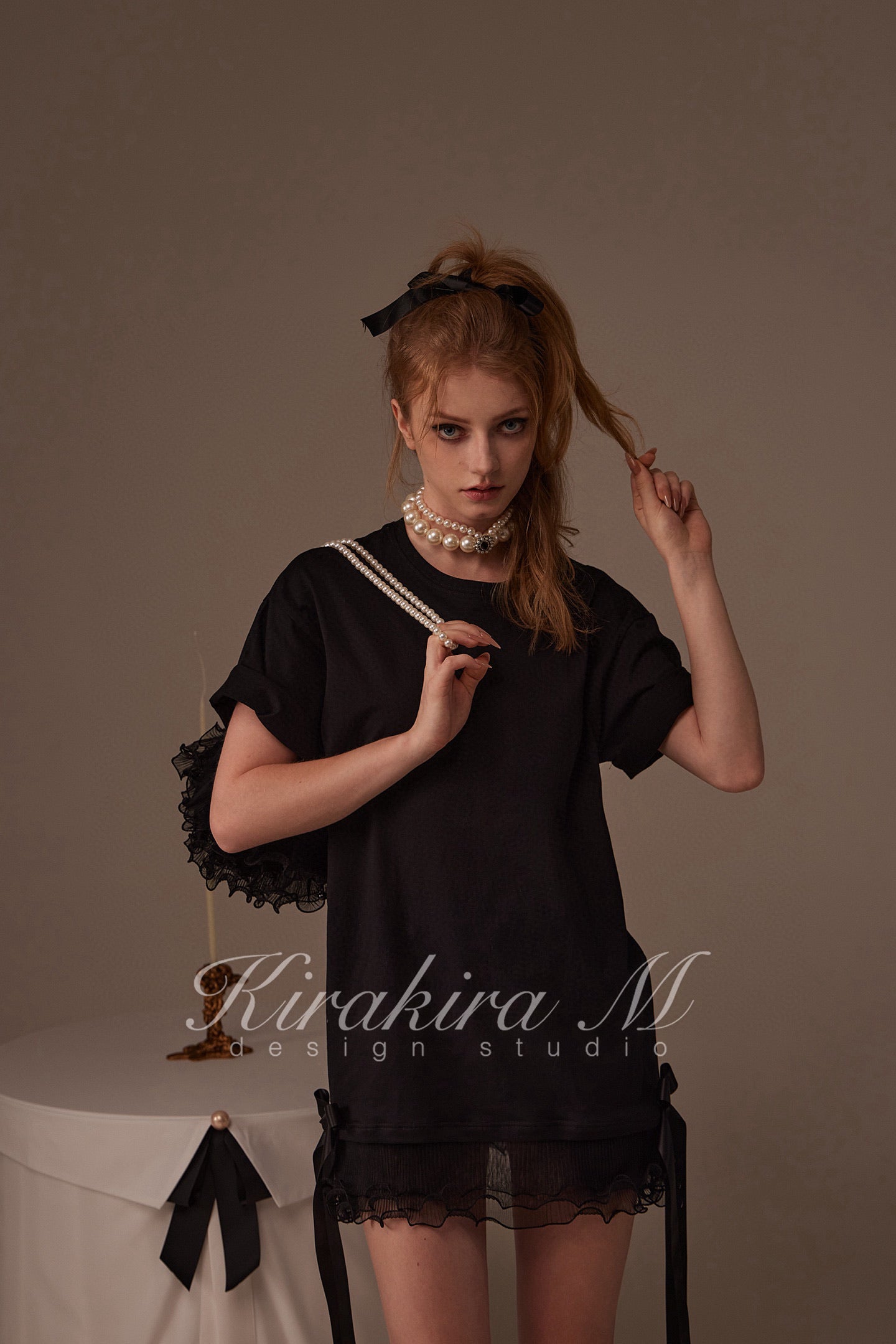 Kirakira M White & Black Bow Top& Lace Shorts& Lace Low Rise Pants