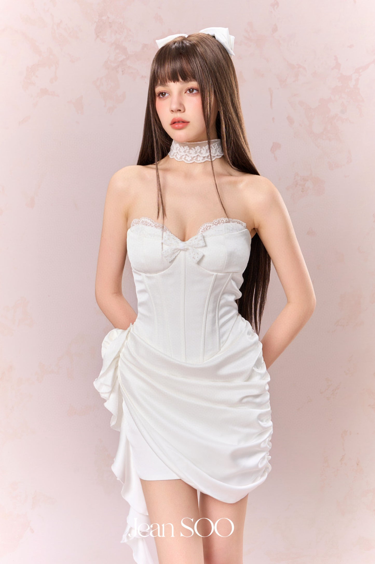JEAN SOO White Fishbone Waist Slimming Fluttering Mini Dress