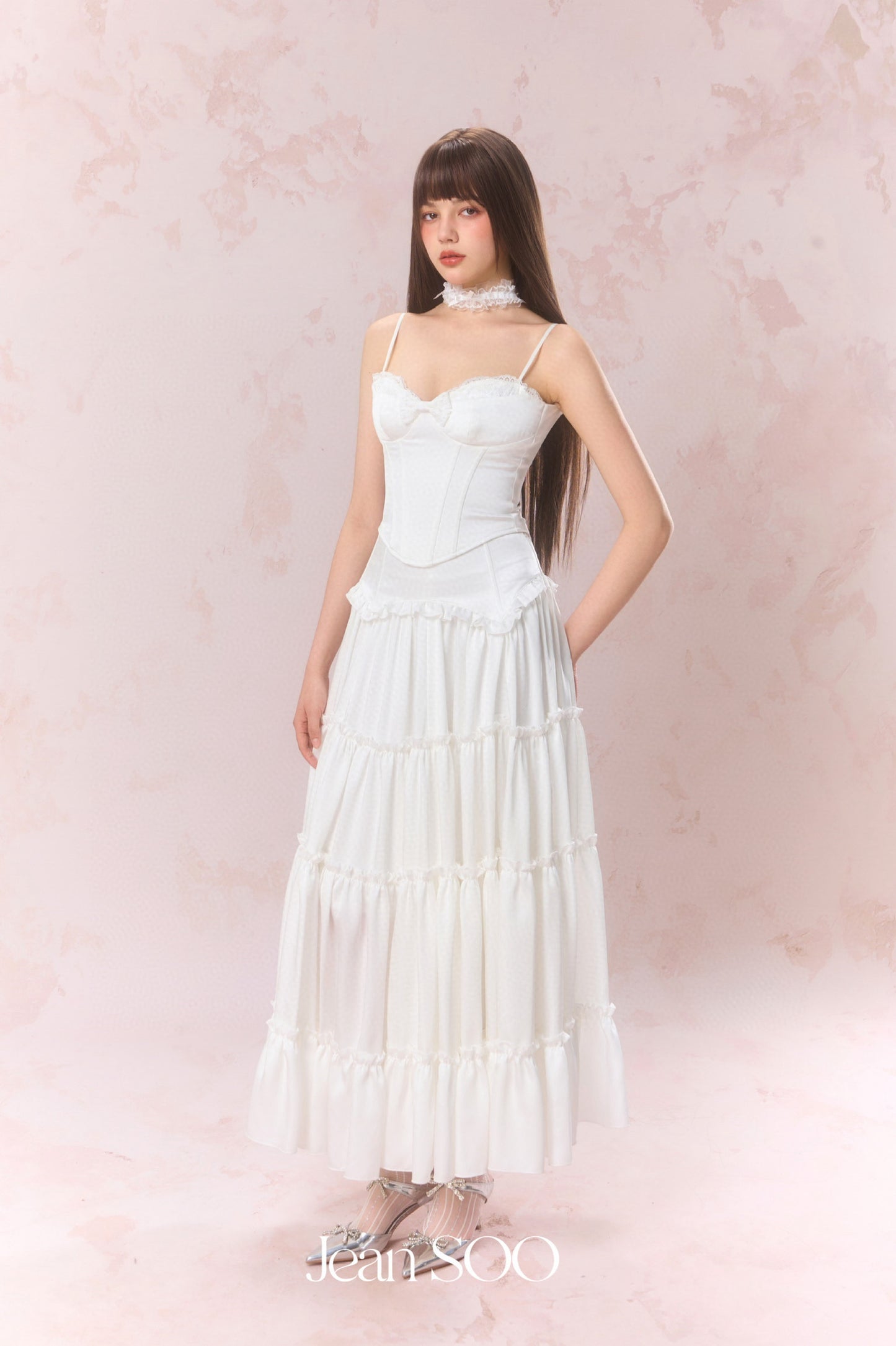 JEAN SOO White Lace Satin Fishbone Top & Split Skirt