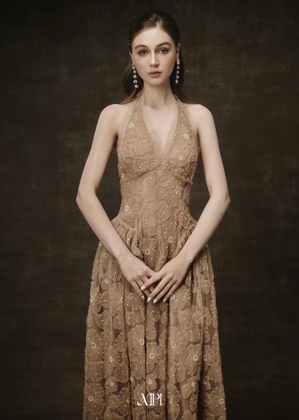 Brown Halter-neck Pearl Embellishments Lace Marielle Maxi Dress