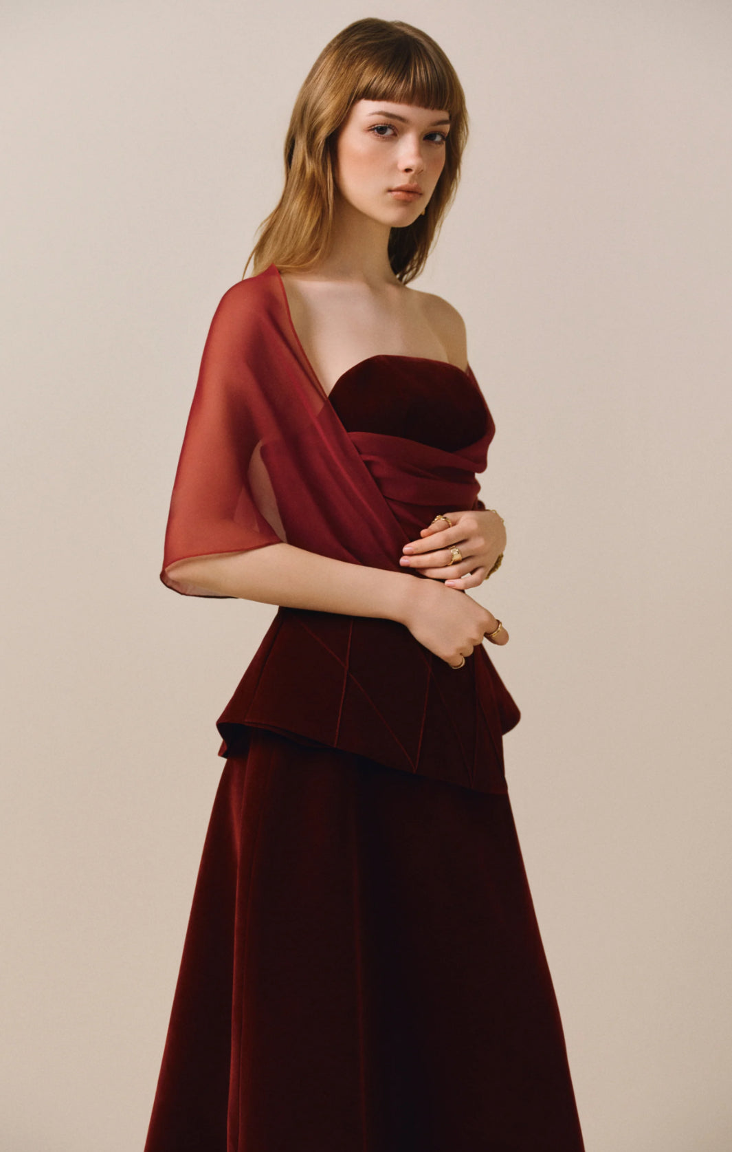CICI RED & BLACK SCARLOTTE Velvet Midi Dress with Sheer Overlay