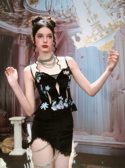 Chengchengling Black Lace Top and Mini skirt