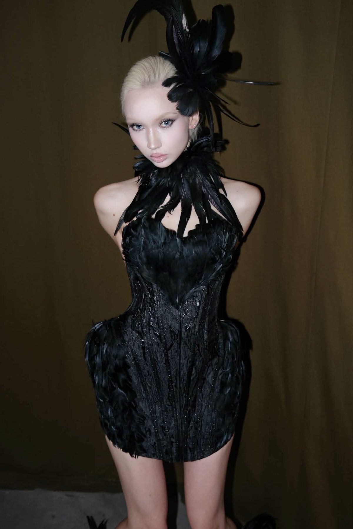 Black Feather Strapless Corset Swanilda Mini Dress with Feather Choker