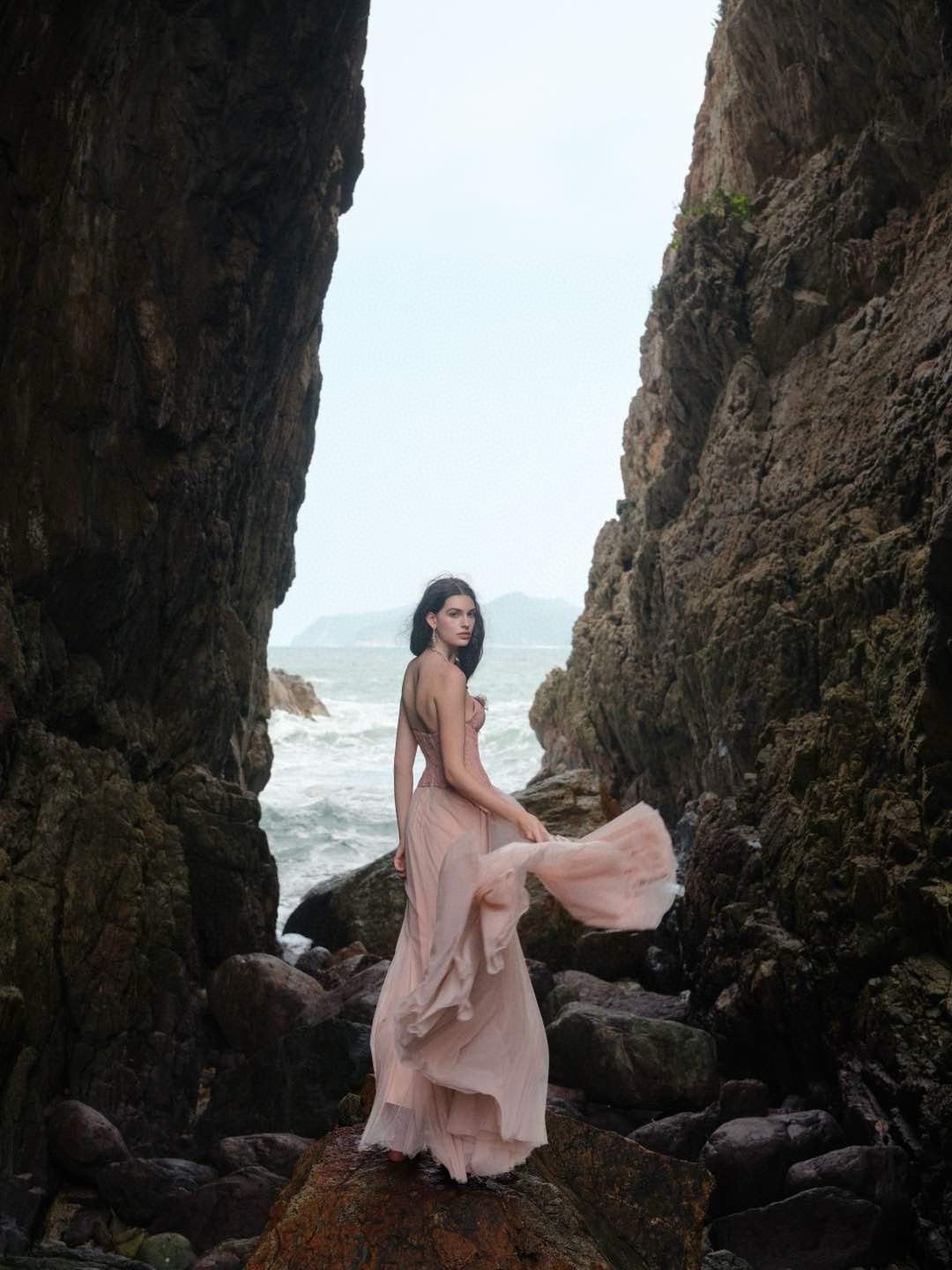 SHEERLUCK White& Pink Wave Lace Fishbone Maxi Dress