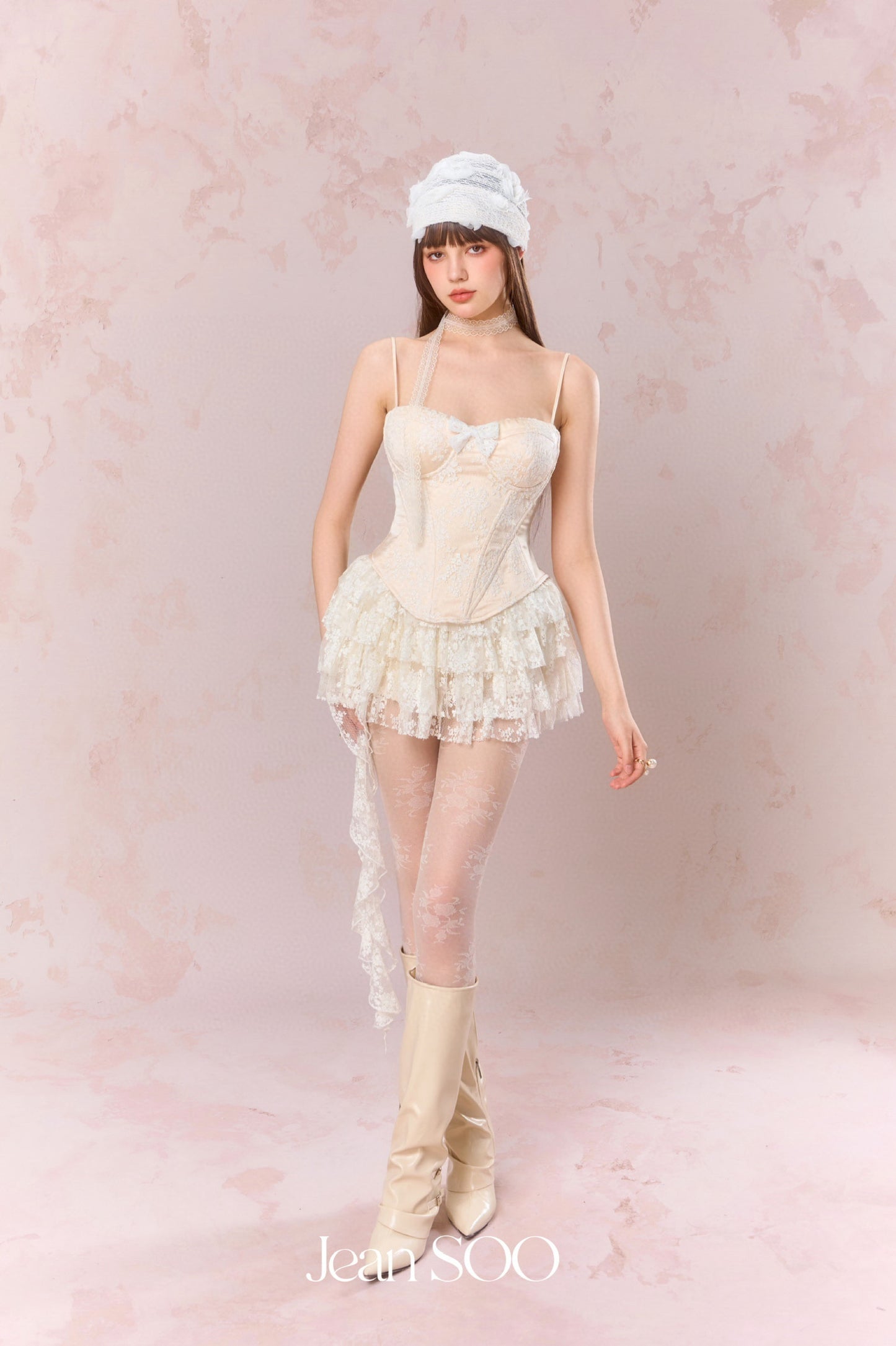 JEAN SOO Cream Lace Fishbone Top & Cake Mini Skirt