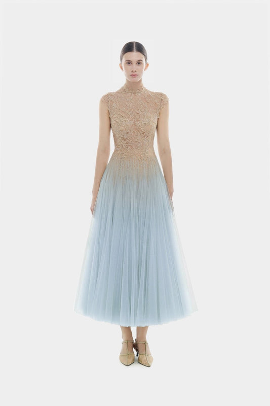 MONTSAND Blue Ombré Cut-Out Lace Midi Dress