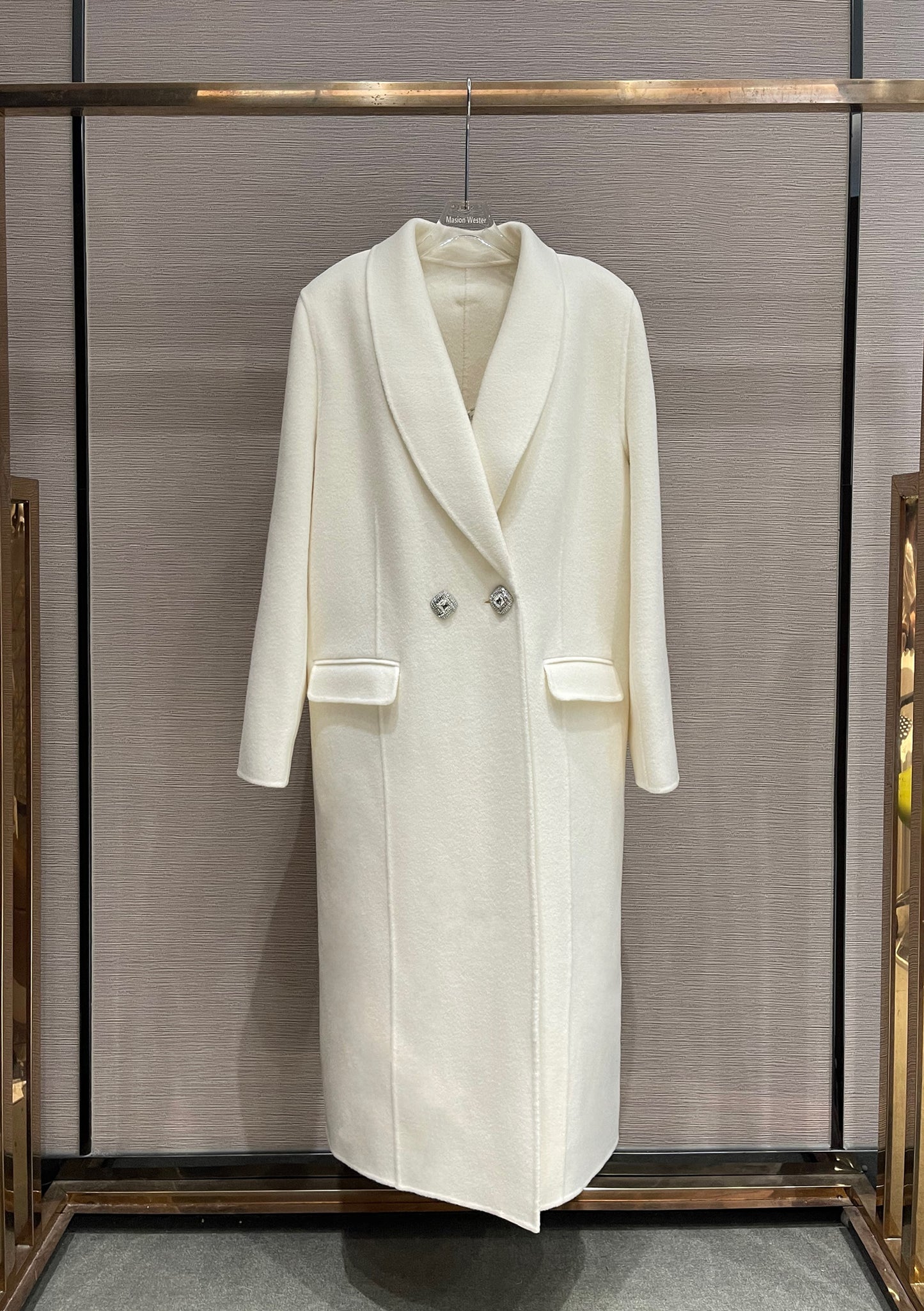 Maison Wester White Diamond Double-Peaked Tweed Long Coat