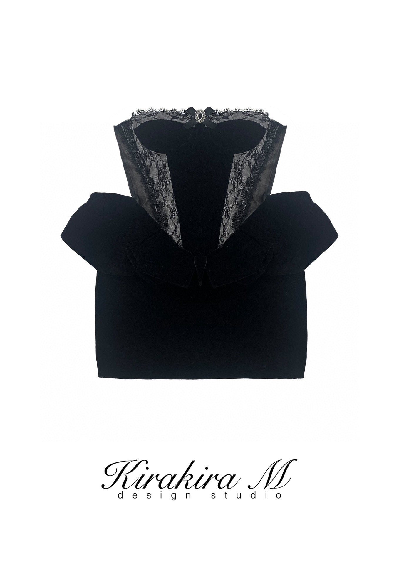 KIRAKIRA M Black velvet strapless mini dress with laced detail
