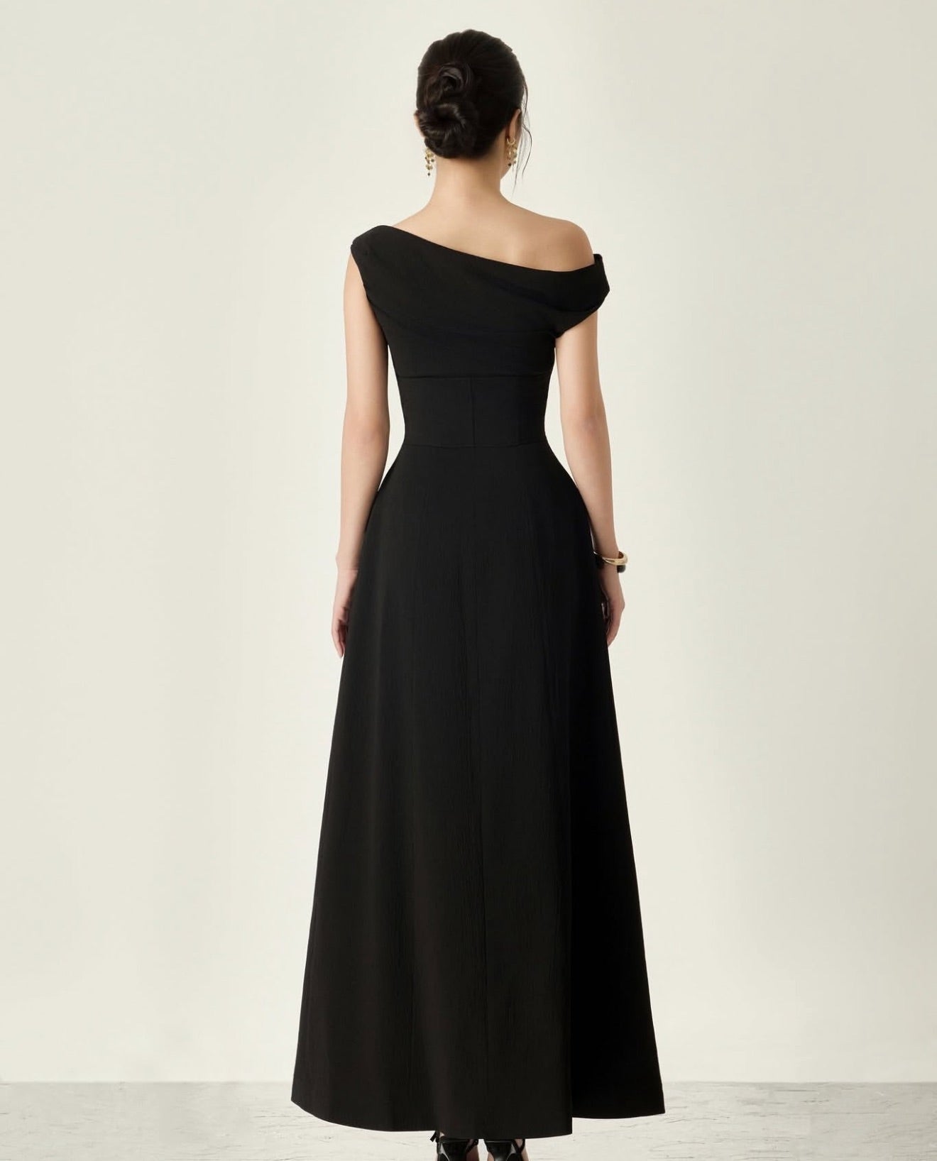 Black Charlotte Asymmetrical Flared Midi Dress
