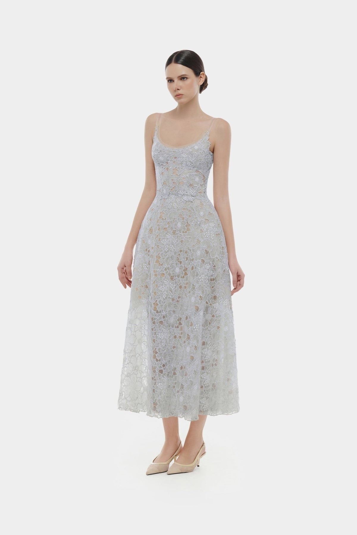 MONTSAND Nude Flower Lace Midi Dress