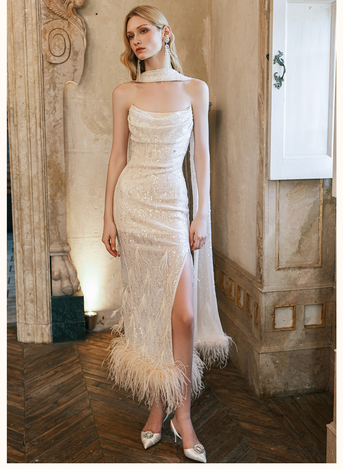 SHEERLUCK White Diamond Sequin Fringe Scarf Strapless Maxi Dress
