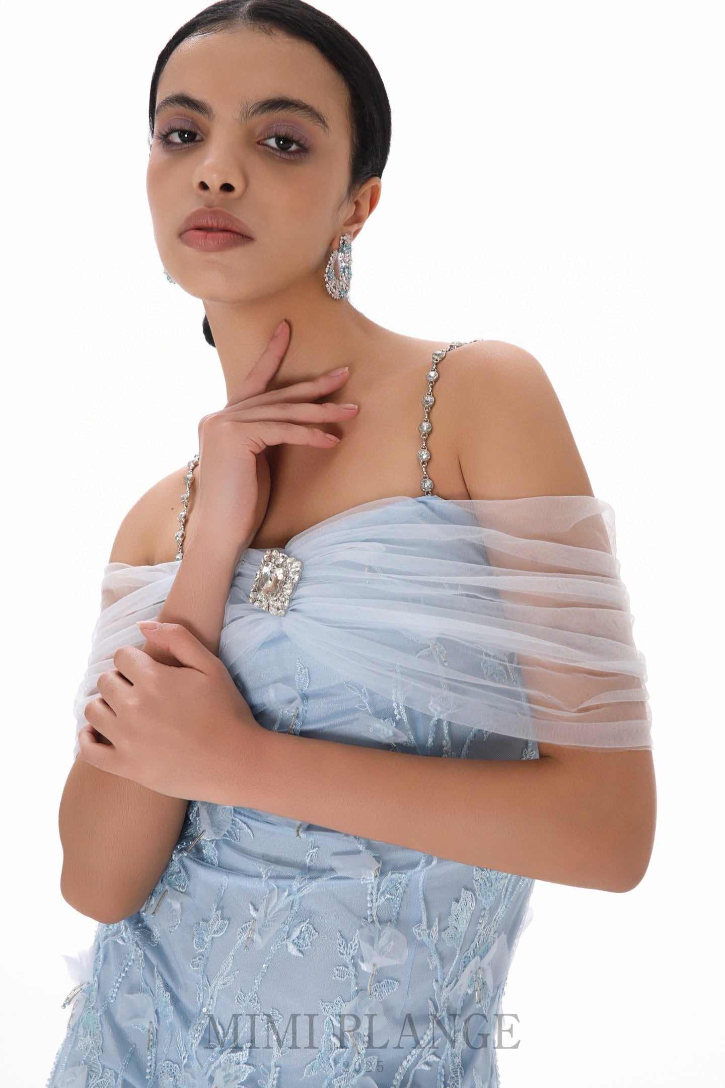 MIMI PLANGE Blue Lace One- shoulder Mini Dress