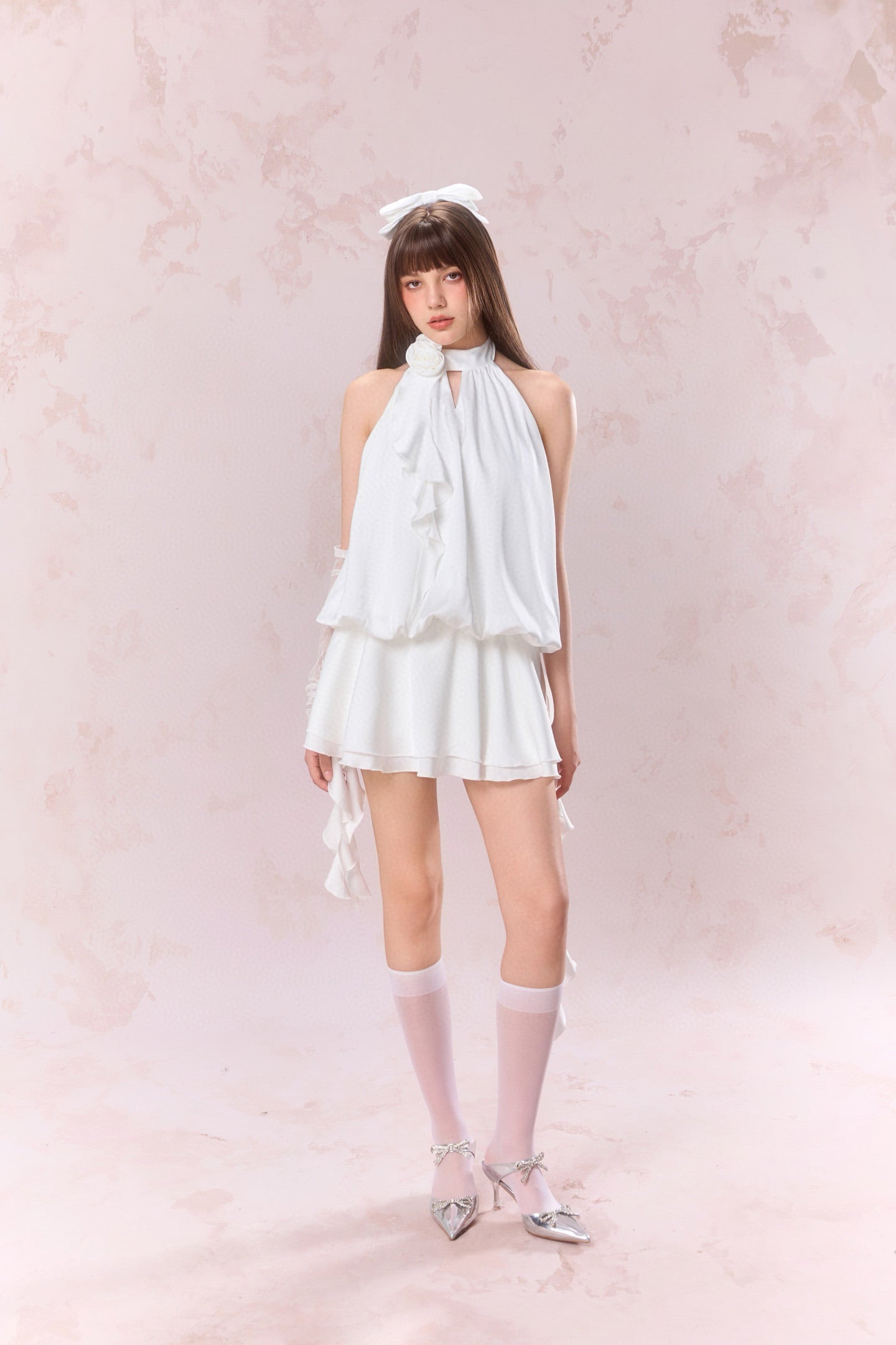 JEAN SOO White Rose Backless Satin Mini Dress