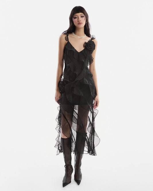 Musthave Black Ruffle Lace Midi Dress