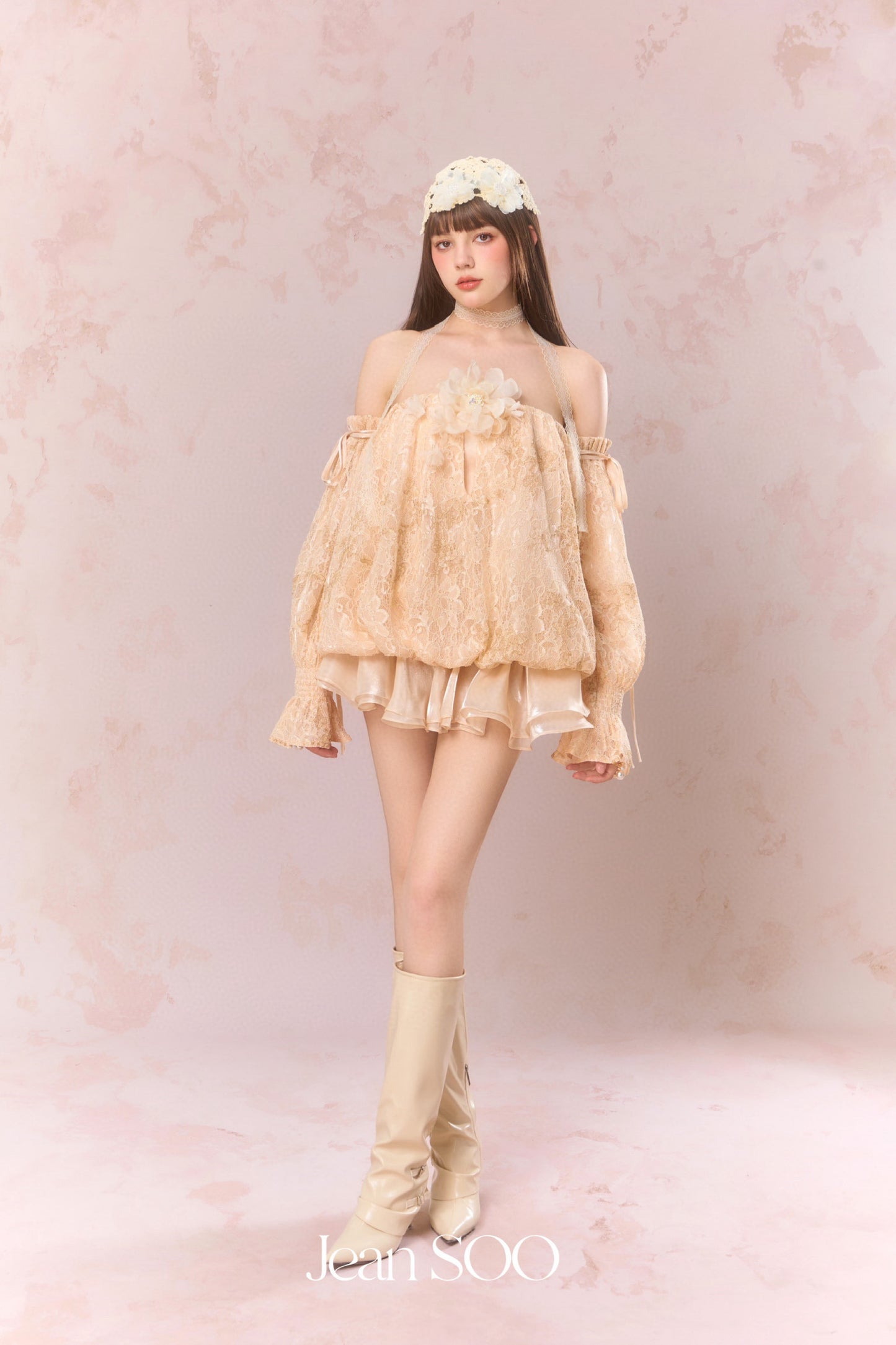 JEAN SOO Nude Lace One Shoulder Mini Dress