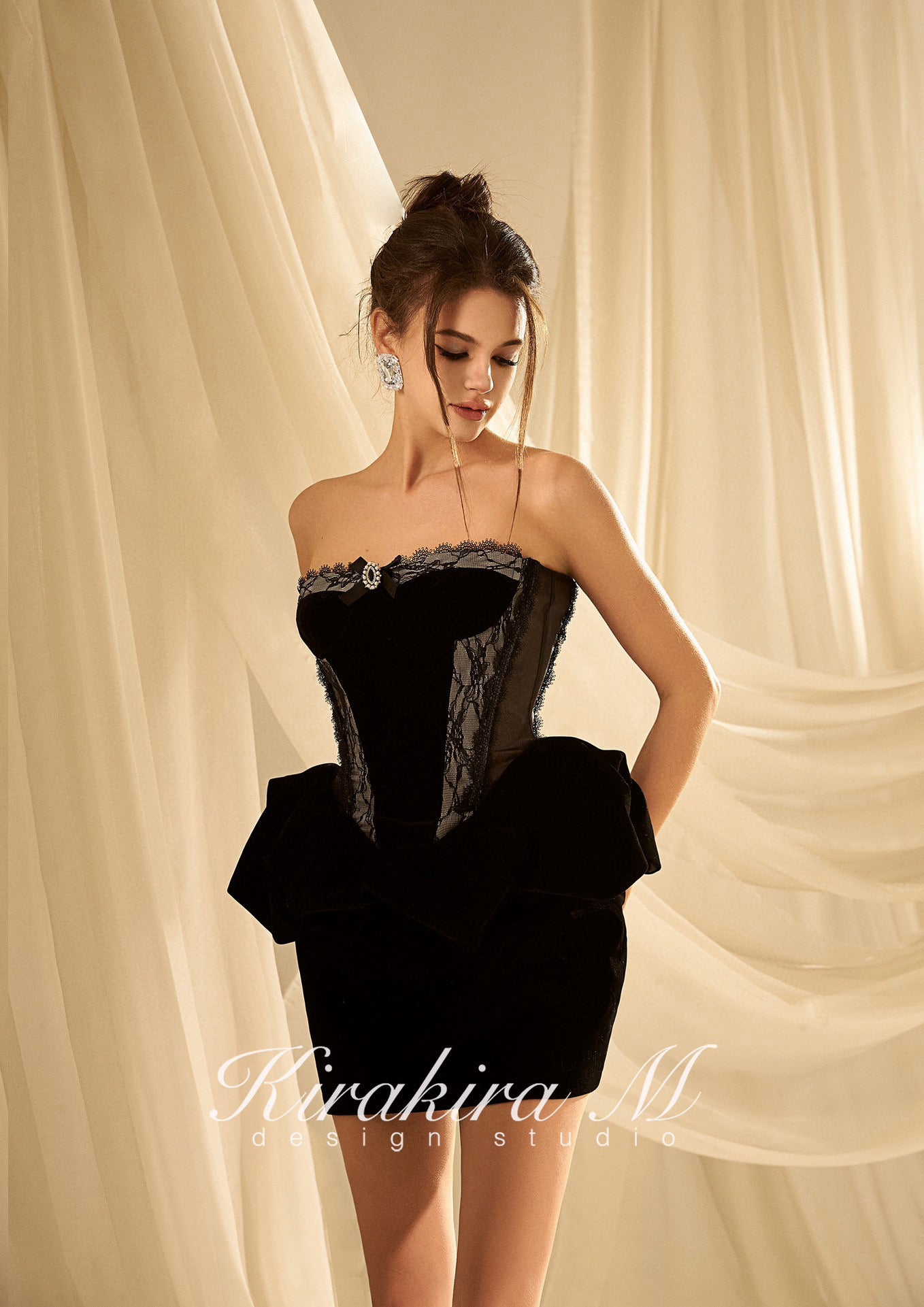 KIRAKIRA M Black velvet strapless mini dress with laced detail