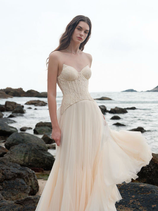 SHEERLUCK White& Pink Wave Lace Fishbone Maxi Dress