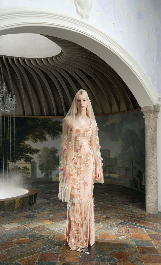 XIANGQIAO SHENG Nude Fantasy Floral Halter maxi Dress & Scarf