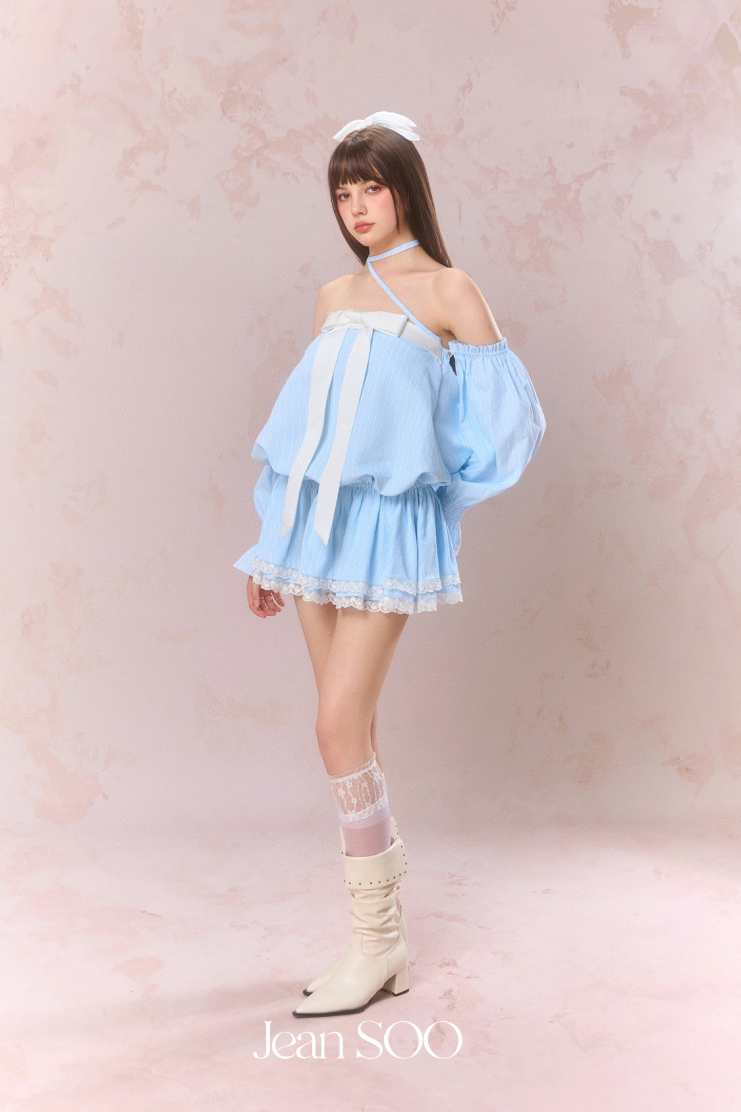 JEAN SOO Blue Studded Diamonds Strapless Low Waist Shirt Mini Dress