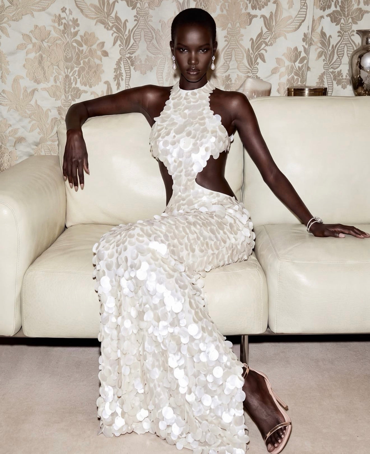 White High-Neck Halter Paillette Sequin Cut-Out Evania Maxi Dress