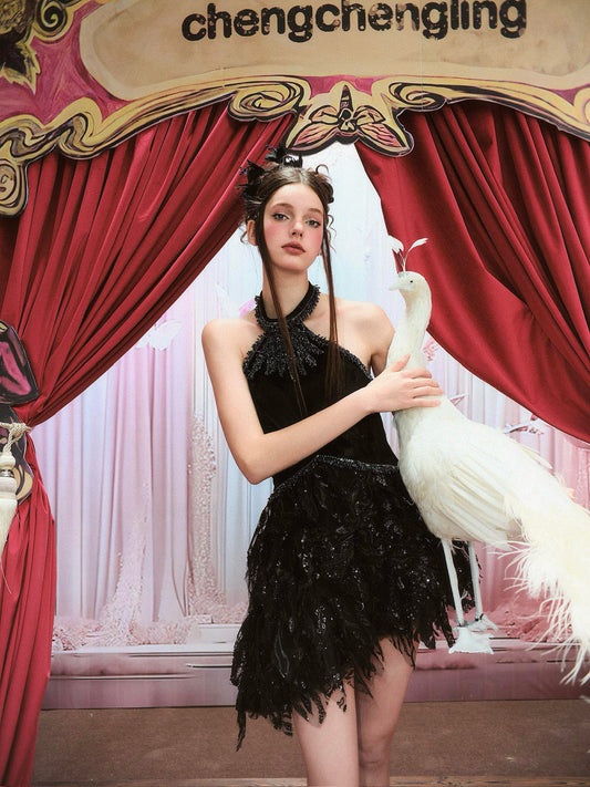 Chengchengling Black Lace Mini Dress