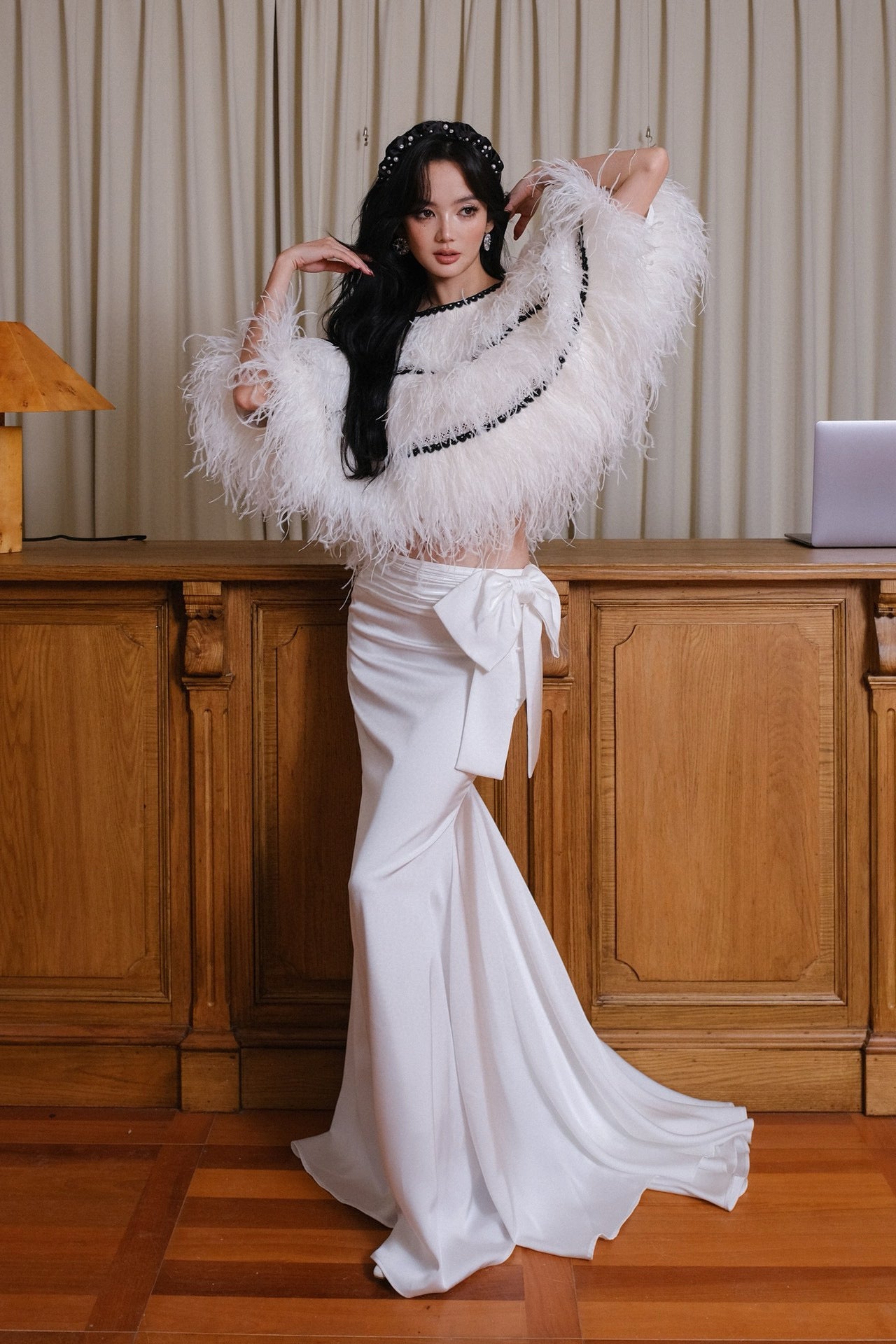 Maison Wester White Ostrich Fur Shawl Maxi Dress
