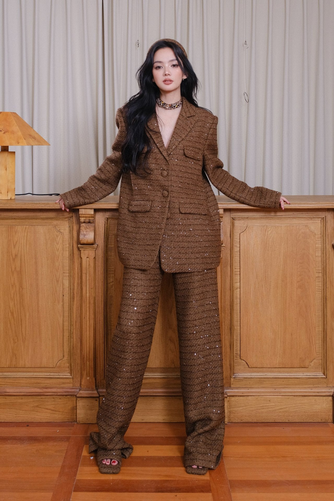 Maison Wester Purple Brown Sequined Chambray Jacket Pants