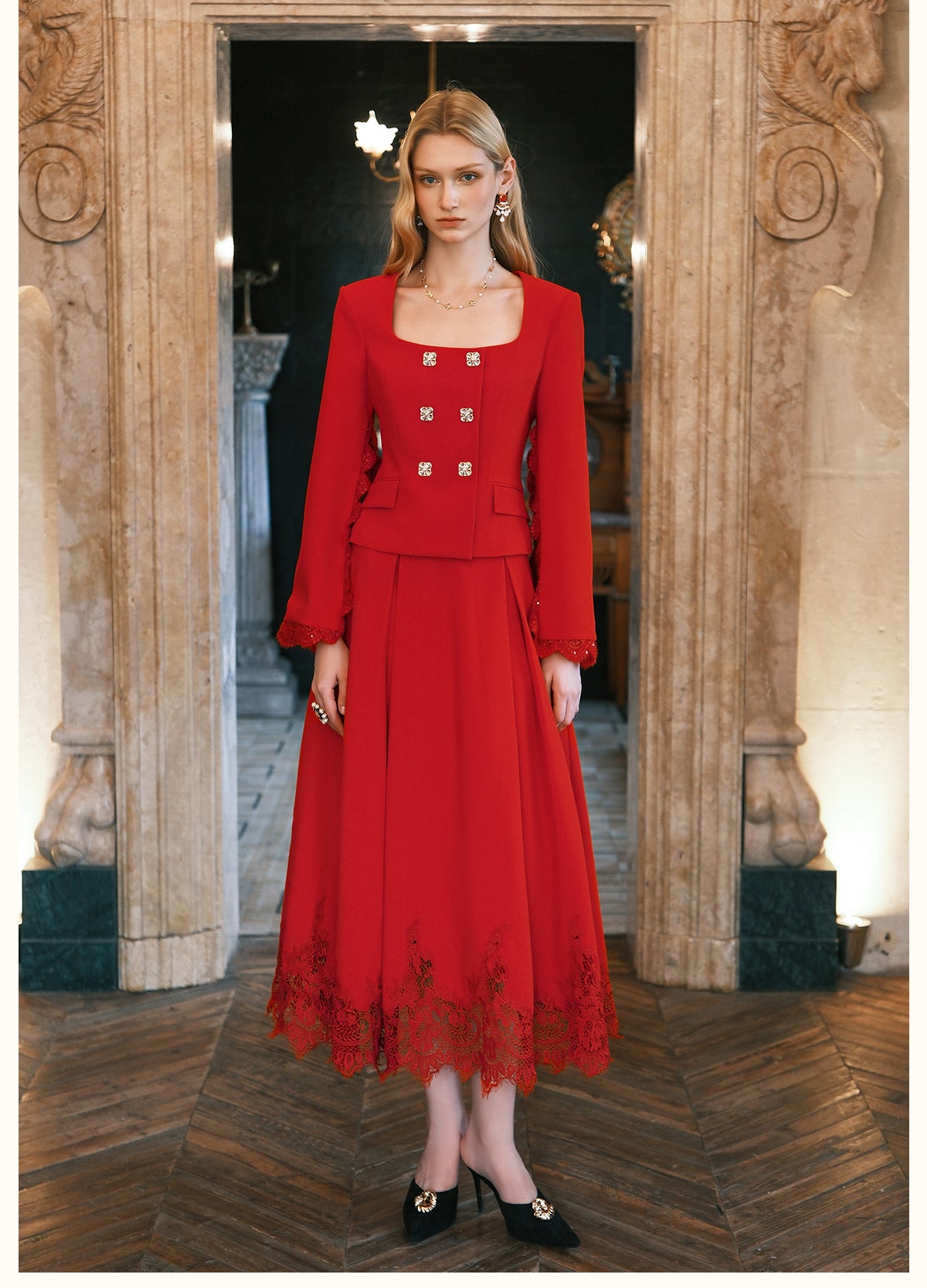 SHEERLUCK Black Mirage Vintage Stand Collar Lace & Diamond-embellished Jacket & Skirt