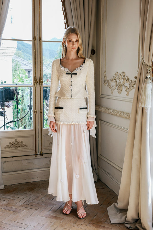 SHEERLUCK Formal White Coat & Midi Skirt