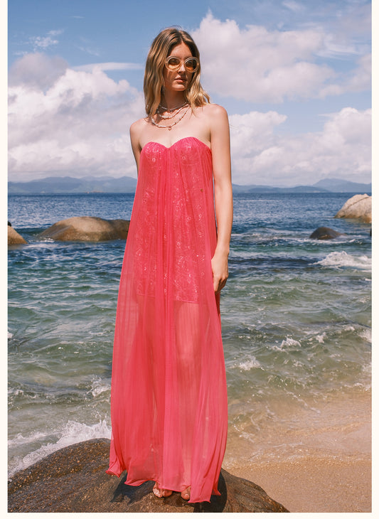 SHEERLUCK BRIGHT PINK MAXI VACATION DRESS
