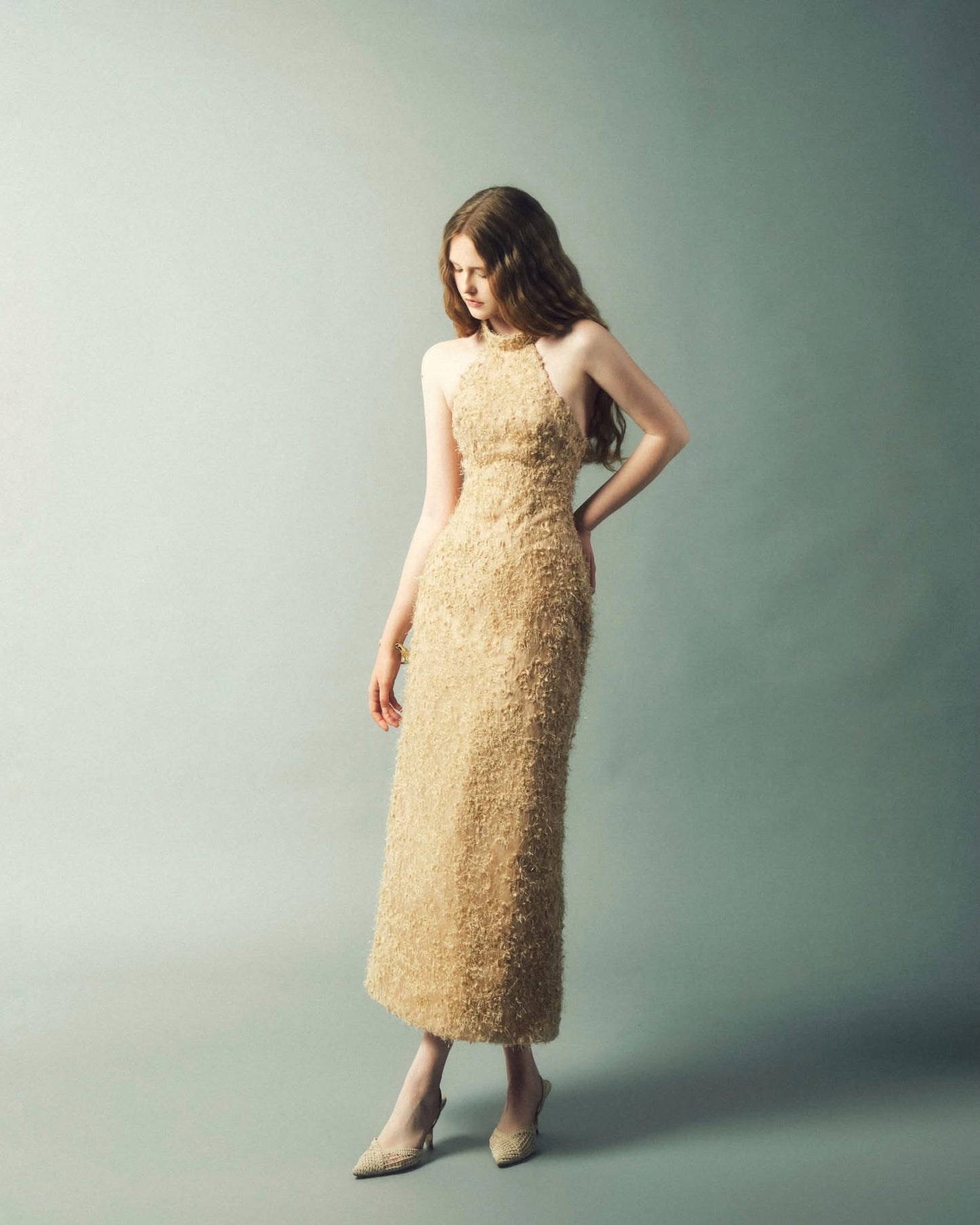 DELICIAE Gold Lace Rumi Midi Dress